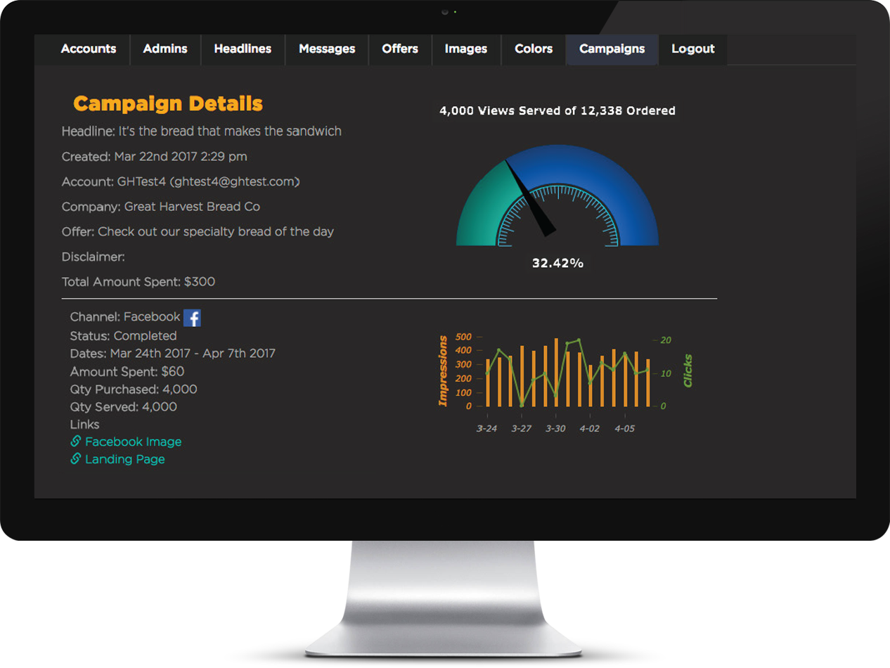 Screenshot of marketing campaign details in corporate portal of Buxton's local store marketing solution.